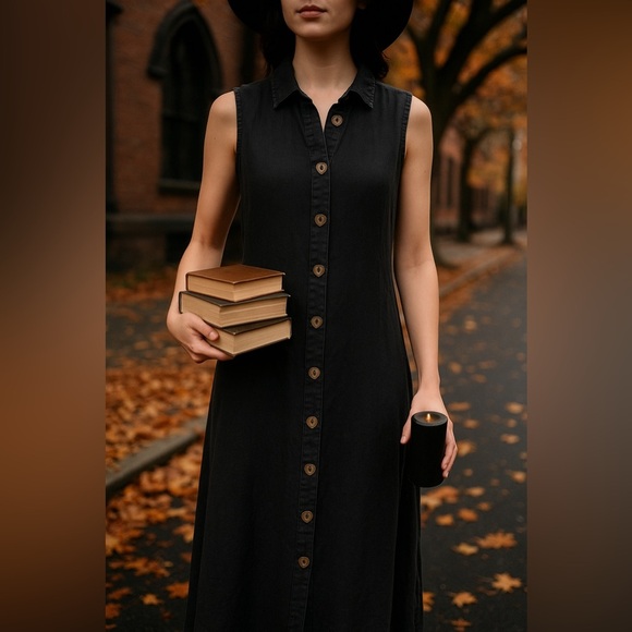 Vintage J. Jill Petite M Linen Button Maxi Dress Black Sleeveless Witch Academia - Picture 8 of 12